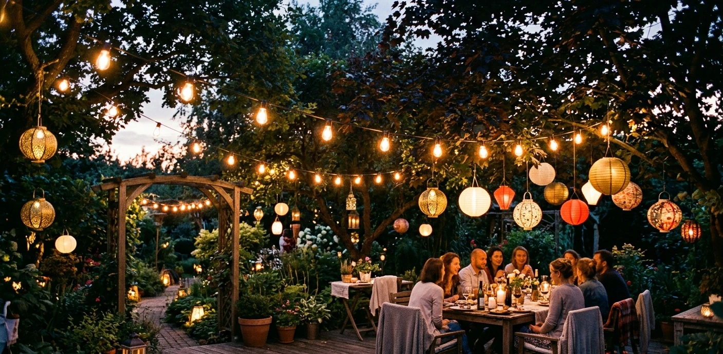 Girlandy świetlne (festoon lights) i lampiony w ogrodzie